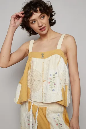 POL Embroidered Crochet Lace Patch Square Neck Cami