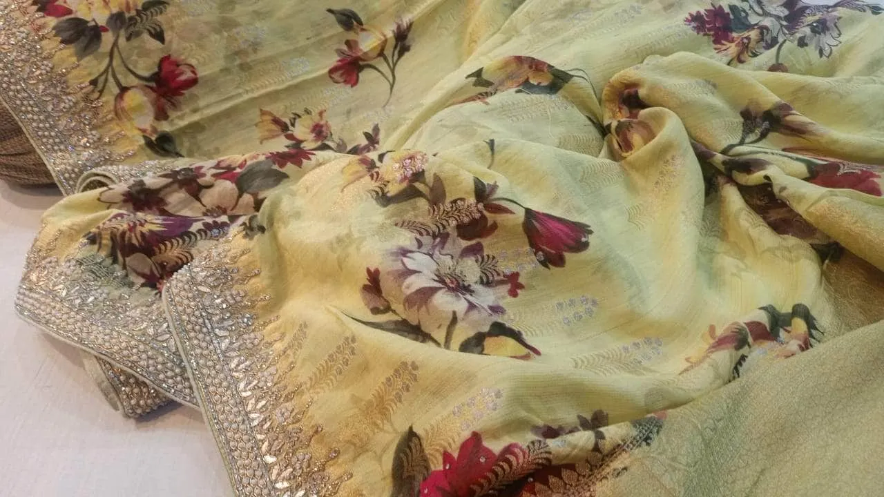 Pure Georgette Banarasi khaddi Floral Print Saree