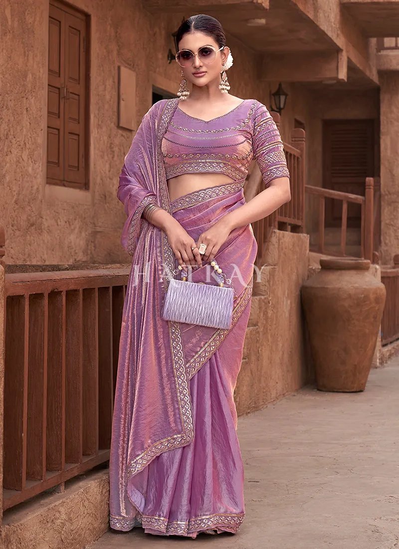Purple Handwork Embroidery Satin Silk Saree