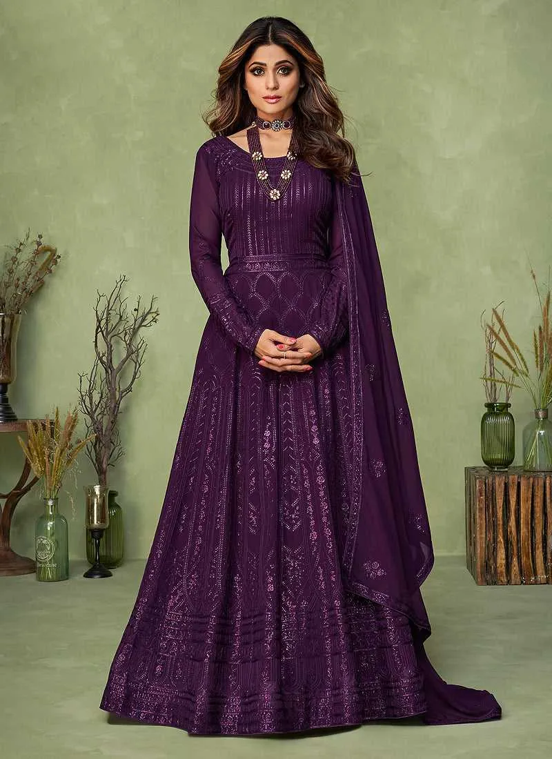 Purple Heavy Embroidered Kalidar Anarkali Suit