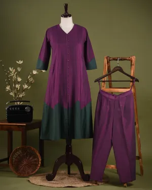 Purple With Green Cotton Silk Blend Woven Ready-To-Wear A-line Kurta Set With Cullottes