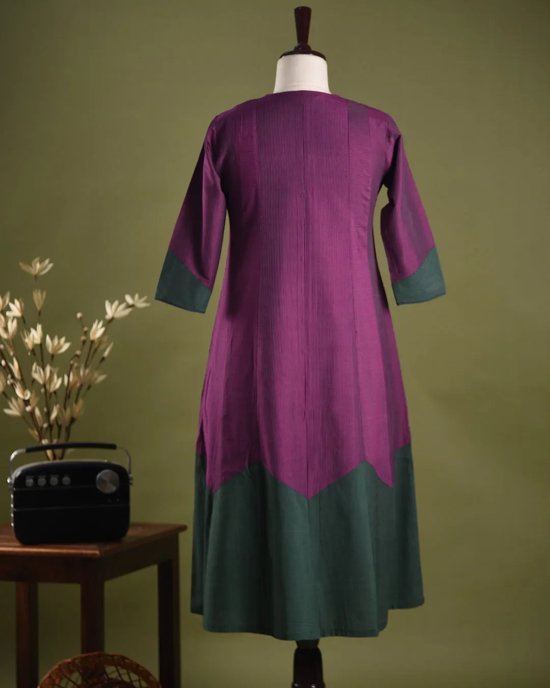 Purple With Green Cotton Silk Blend Woven Ready-To-Wear A-line Kurta Set With Cullottes