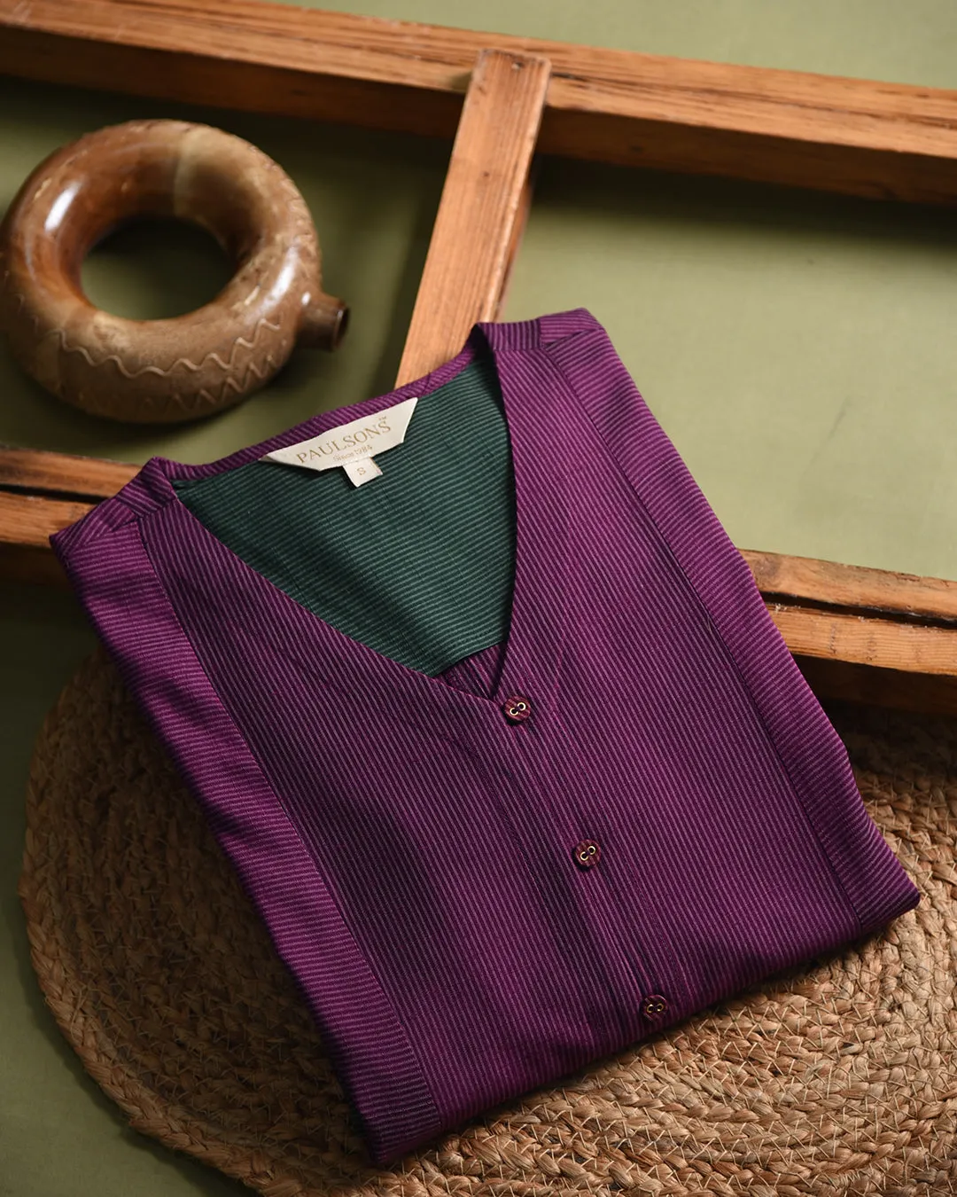 Purple With Green Cotton Silk Blend Woven Ready-To-Wear A-line Kurta Set With Cullottes