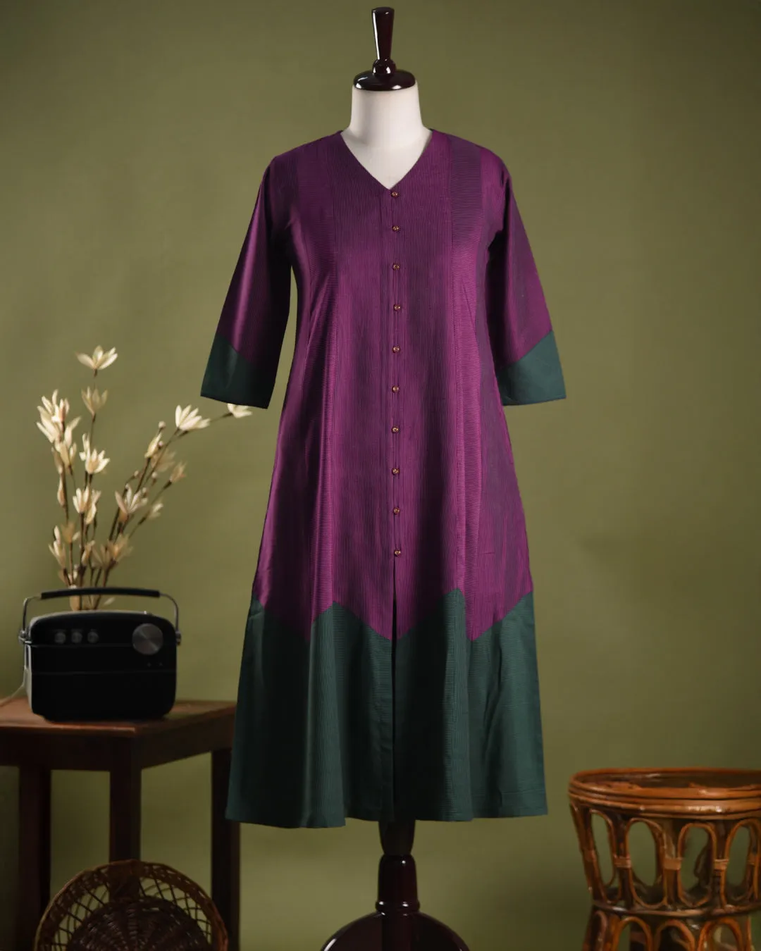 Purple With Green Cotton Silk Blend Woven Ready-To-Wear A-line Kurta Set With Cullottes