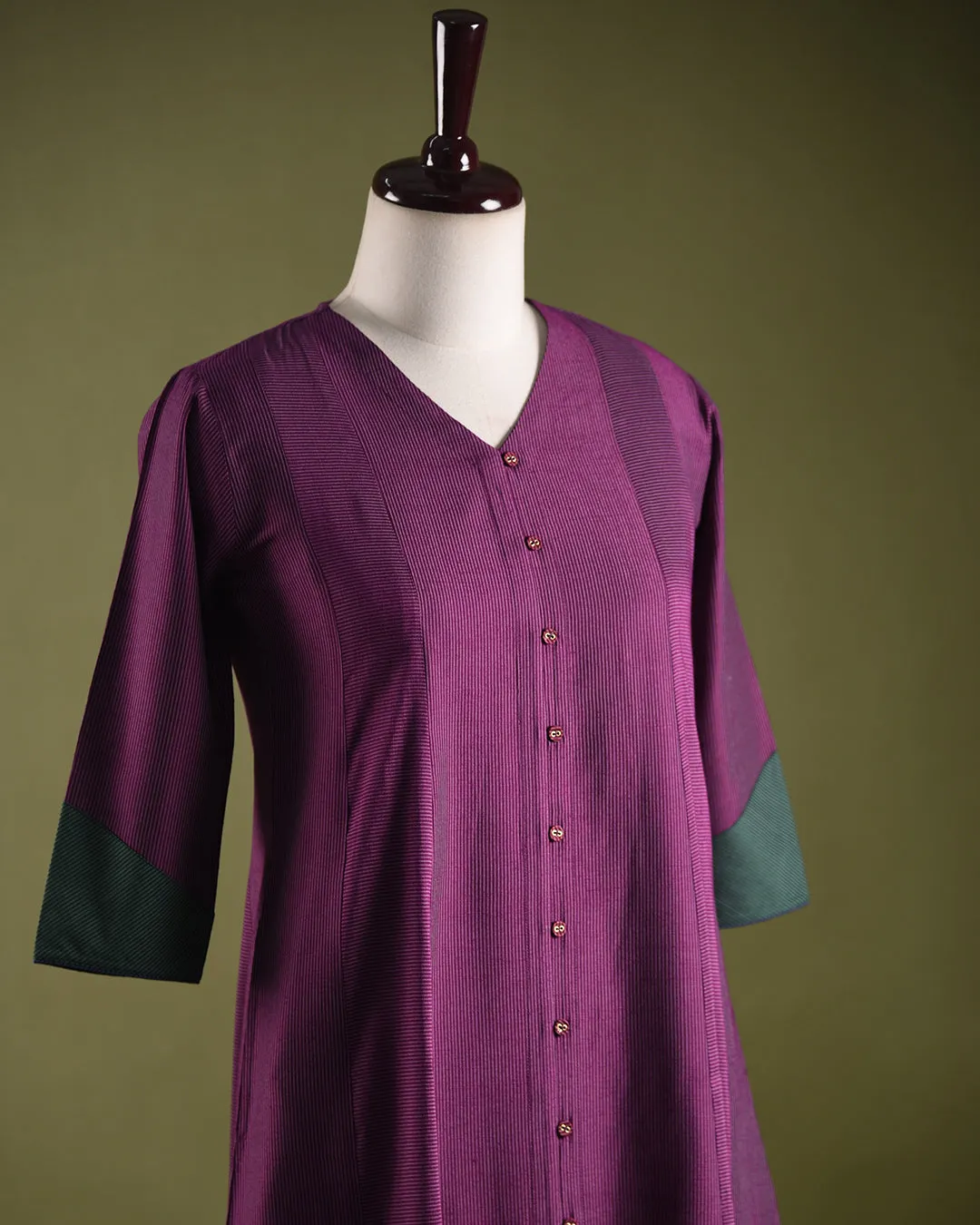 Purple With Green Cotton Silk Blend Woven Ready-To-Wear A-line Kurta Set With Cullottes