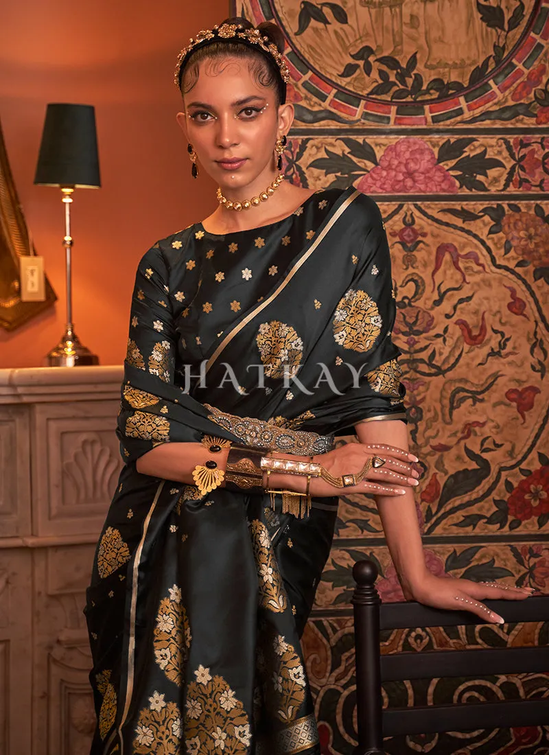 Raisin Black Zari Weaved Satin Silk Saree