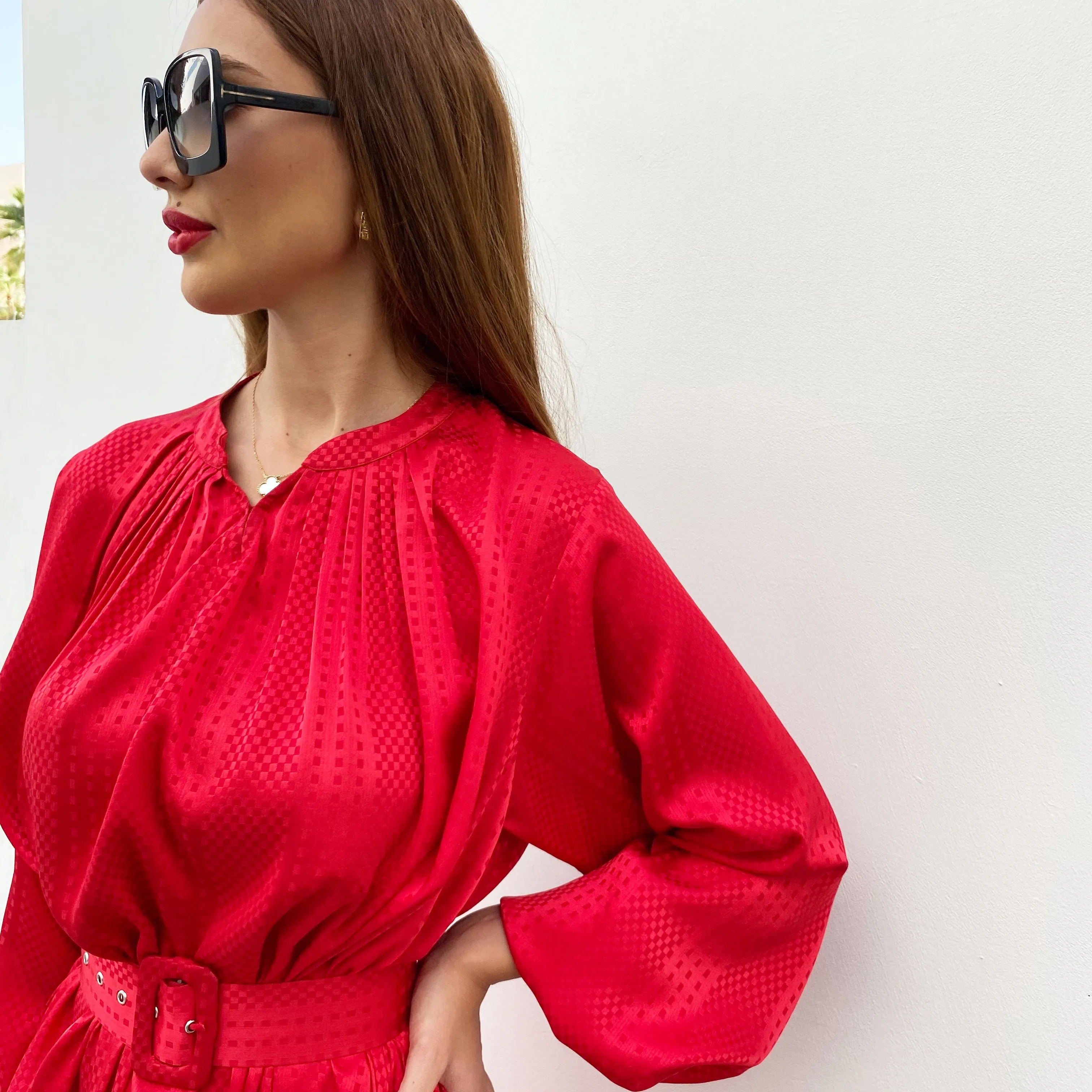 RAM21 LINA RUBY RED  KAFTAN BELTED MAXI DRESS