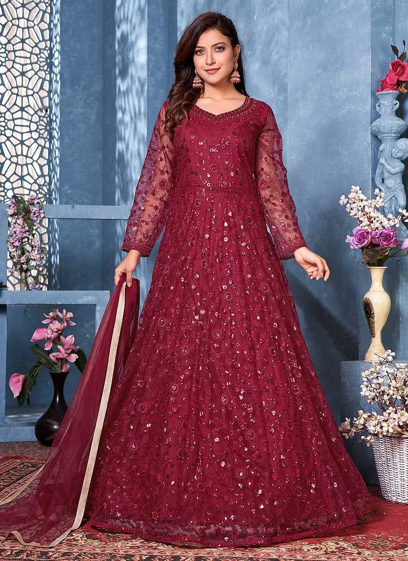 Red Floral Heavy Embroidered Gown Style Anarkali