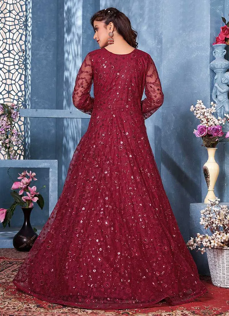 Red Floral Heavy Embroidered Gown Style Anarkali