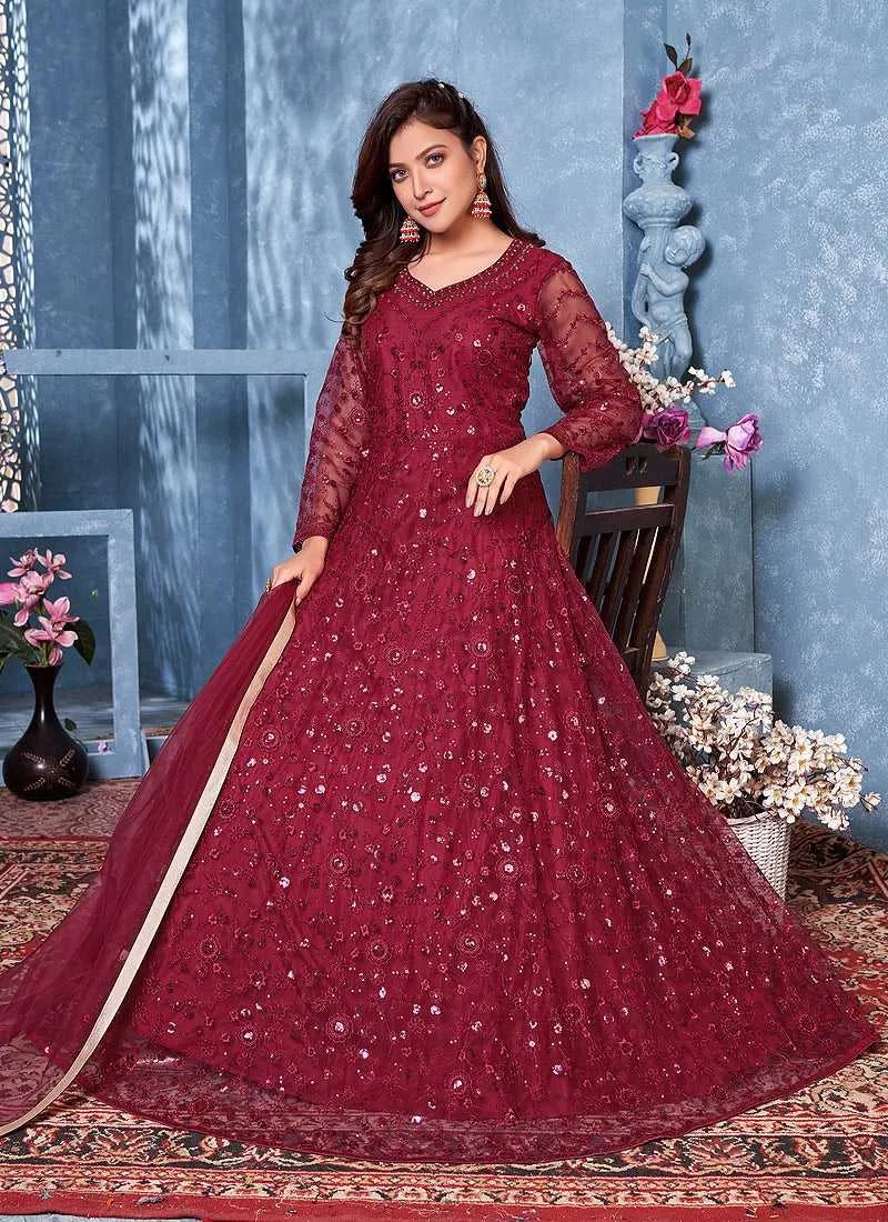 Red Floral Heavy Embroidered Gown Style Anarkali