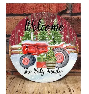 Red Tractor Door Hanger, Personalized Door Hanger, Christmas Sign, Christmas Decor, Christmas Front Door Sign, Rustic Christmas