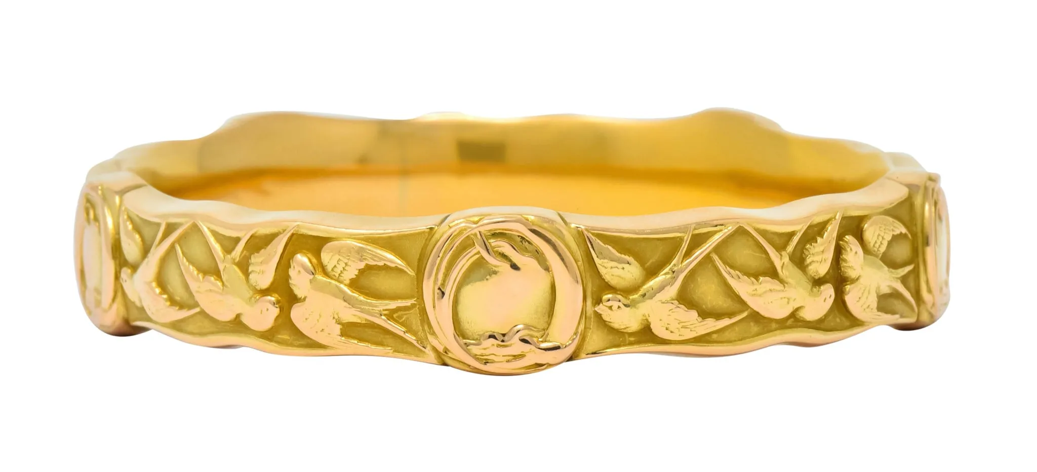 Riker Brothers Art Nouveau 14 Karat Gold Swallow Birds Bangle Bracelet