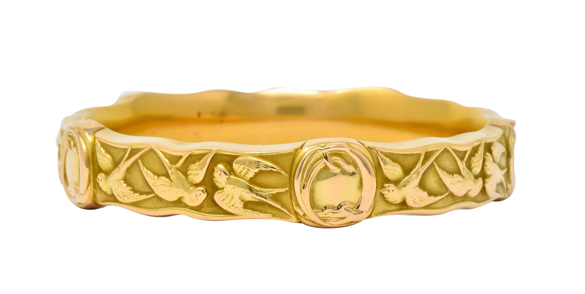 Riker Brothers Art Nouveau 14 Karat Gold Swallow Birds Bangle Bracelet