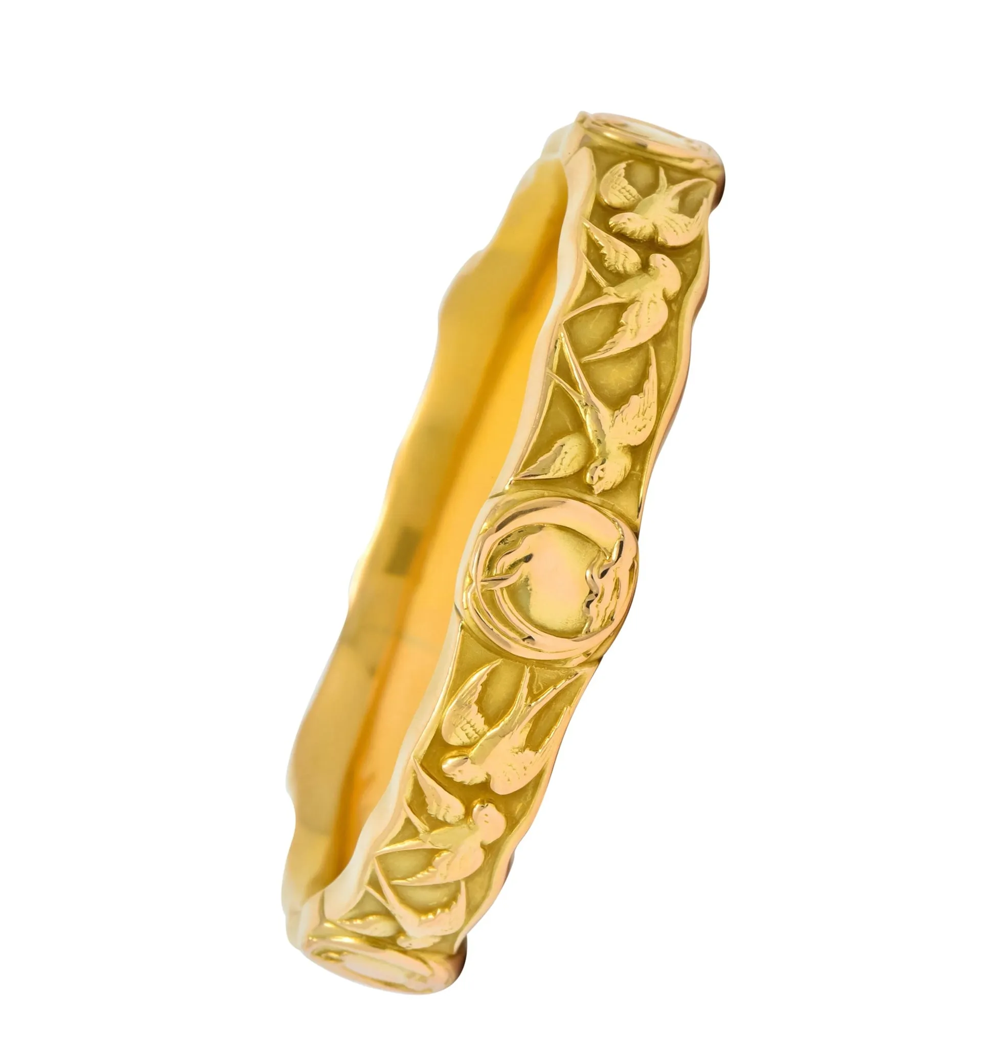 Riker Brothers Art Nouveau 14 Karat Gold Swallow Birds Bangle Bracelet