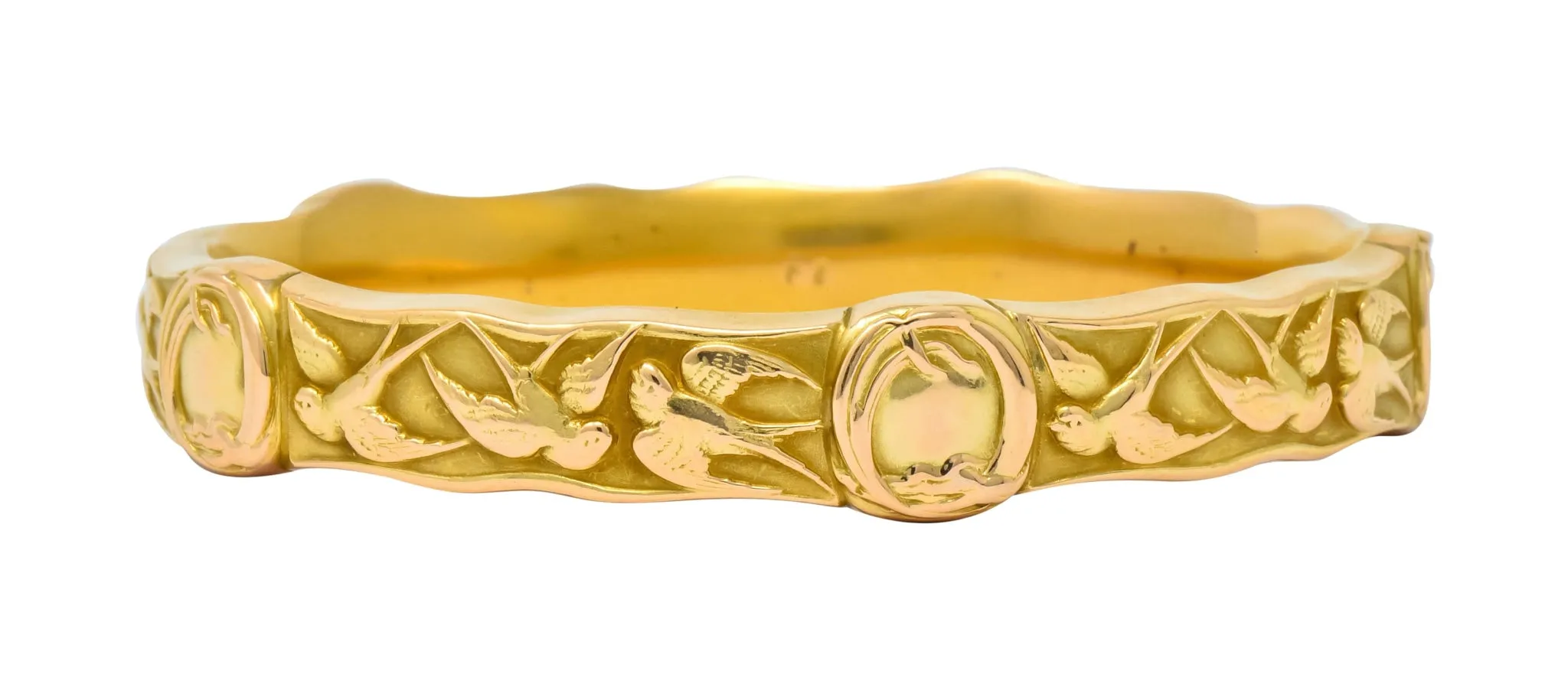 Riker Brothers Art Nouveau 14 Karat Gold Swallow Birds Bangle Bracelet