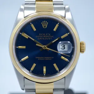 Rolex Datejust 16203 Two Tone Stainless Steel 18K Yellow Gold "S" Serial Circa 1993 Blue Wristwatch