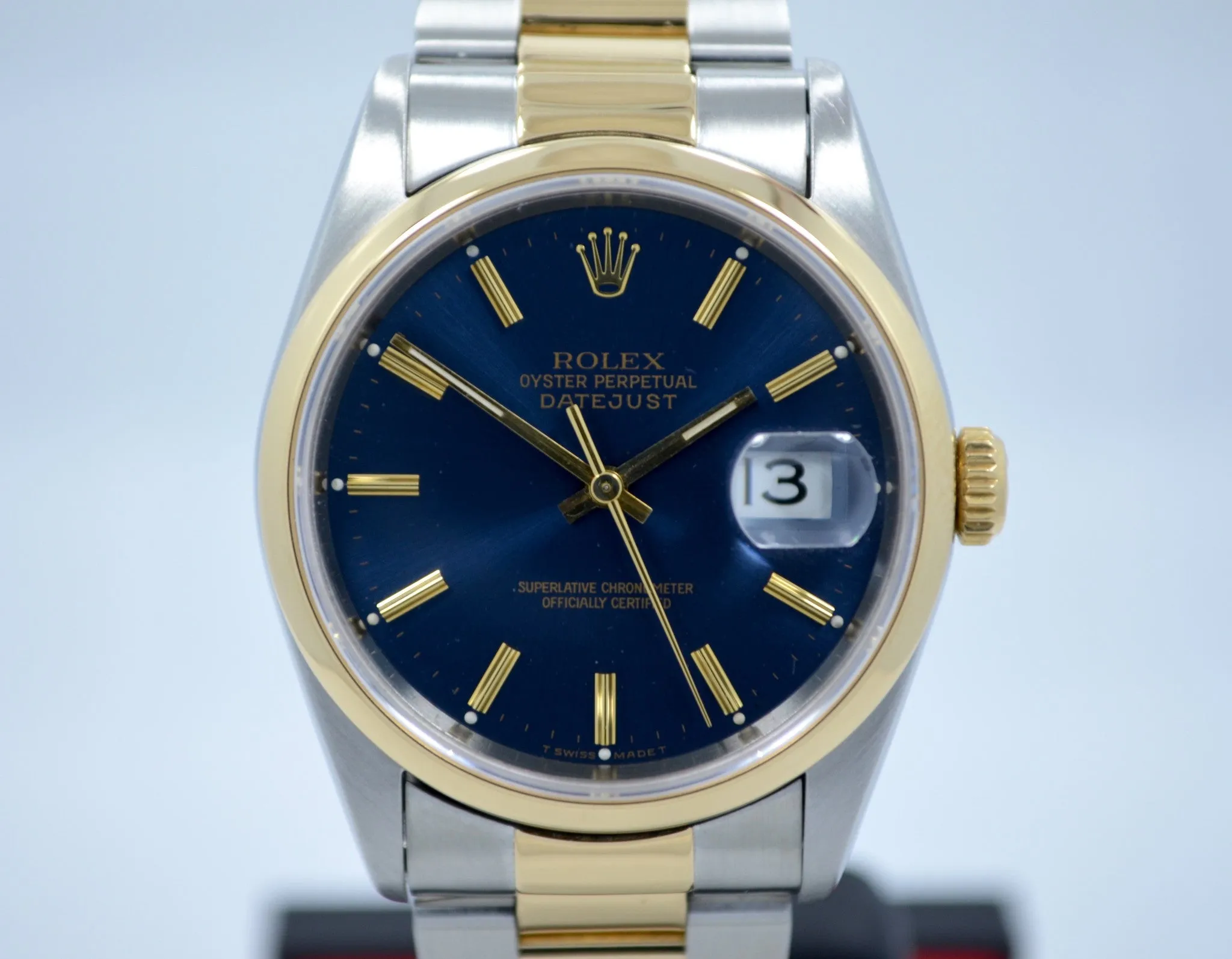 Rolex Datejust 16203 Two Tone Stainless Steel 18K Yellow Gold "S" Serial Circa 1993 Blue Wristwatch