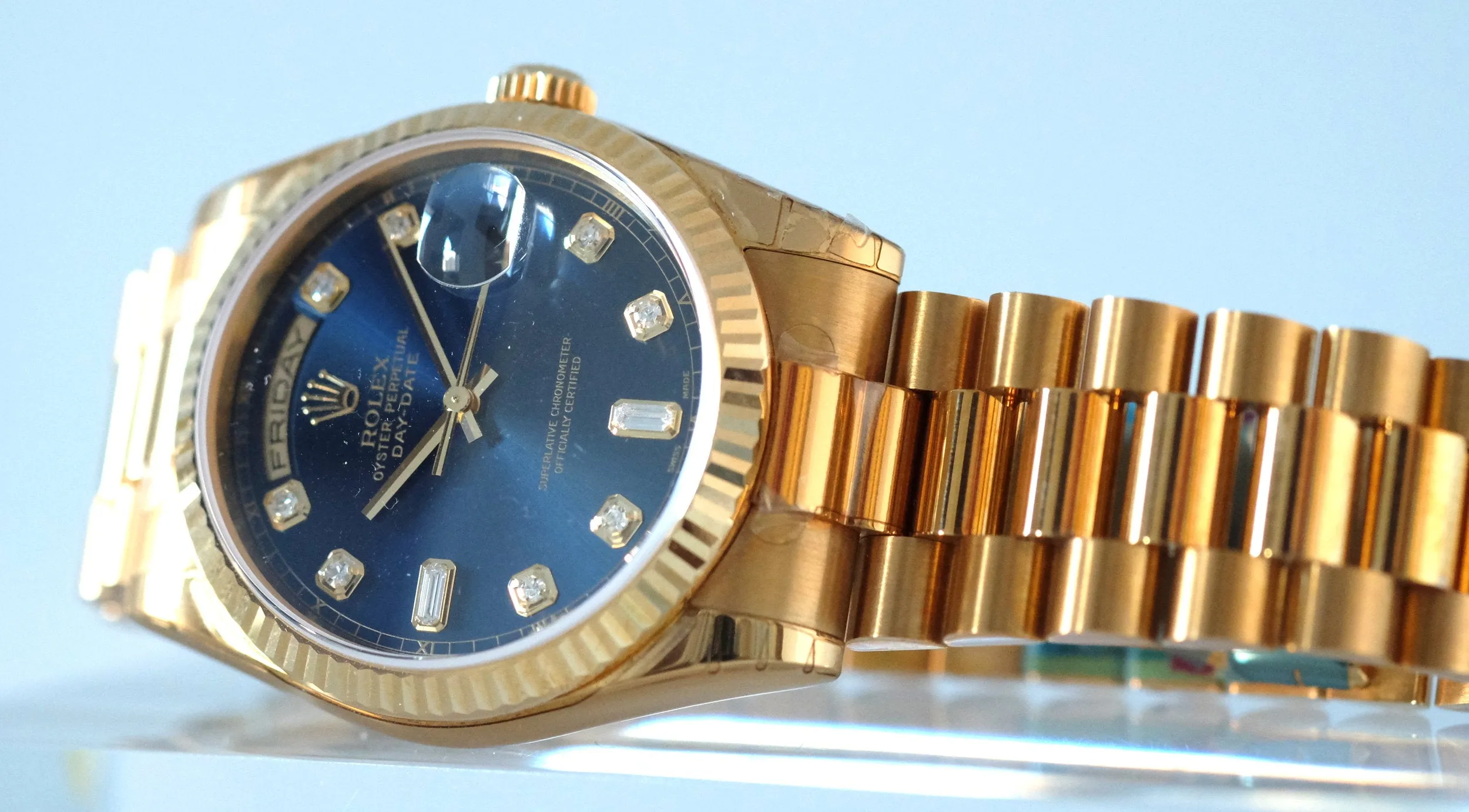Rolex Day Date Yellow Gold with Blue Dial New Old Stock