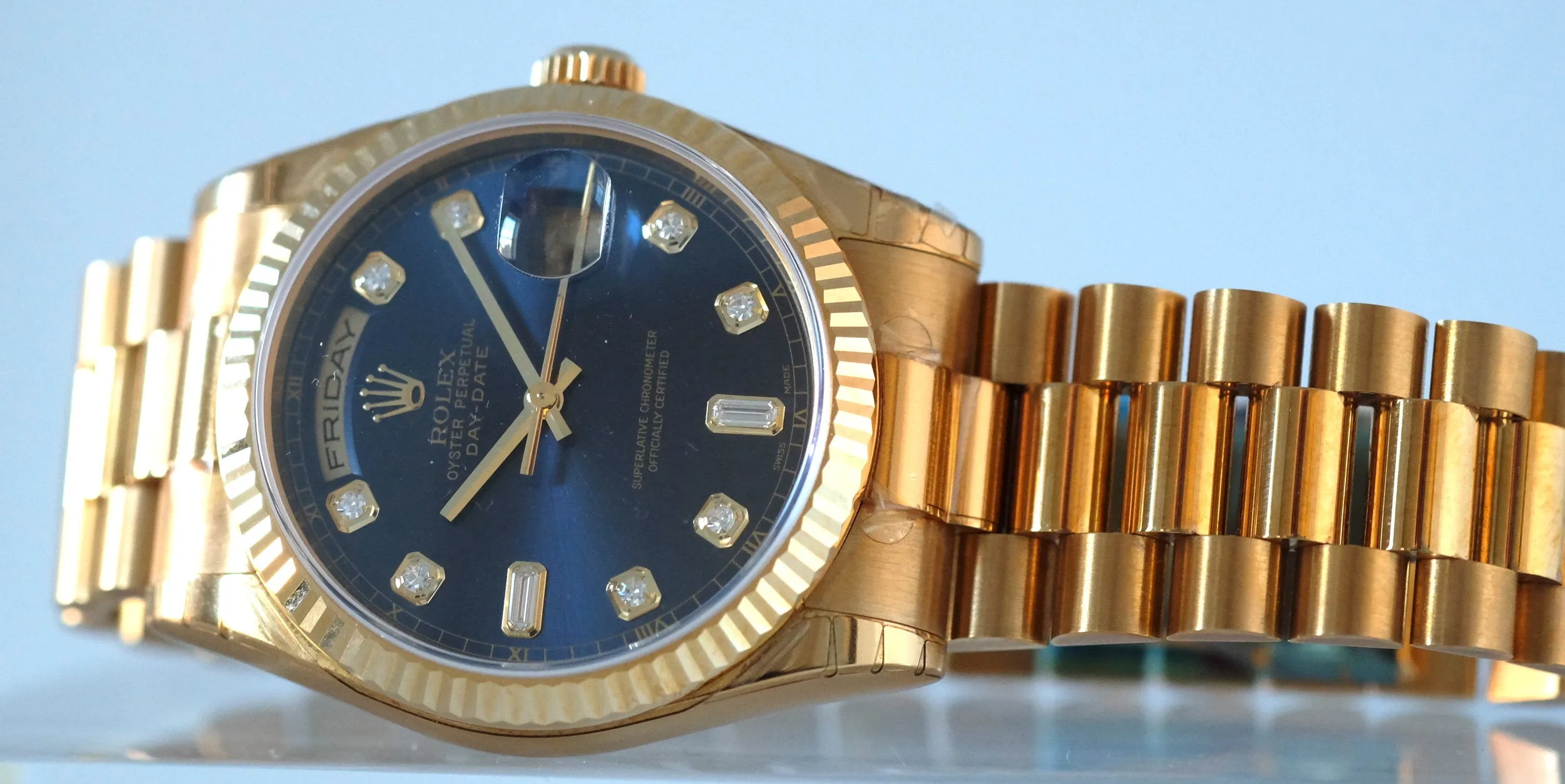 Rolex Day Date Yellow Gold with Blue Dial New Old Stock