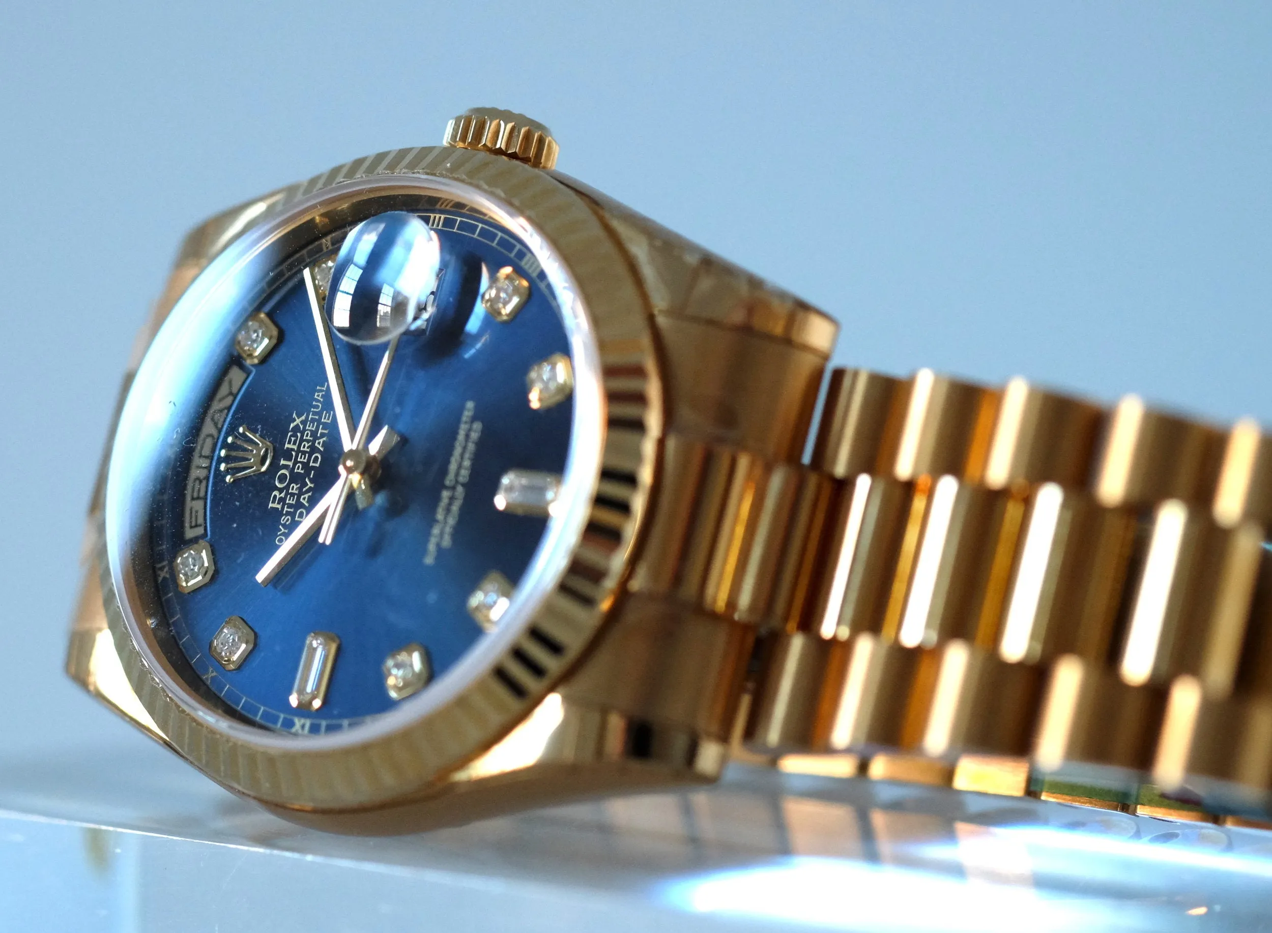Rolex Day Date Yellow Gold with Blue Dial New Old Stock