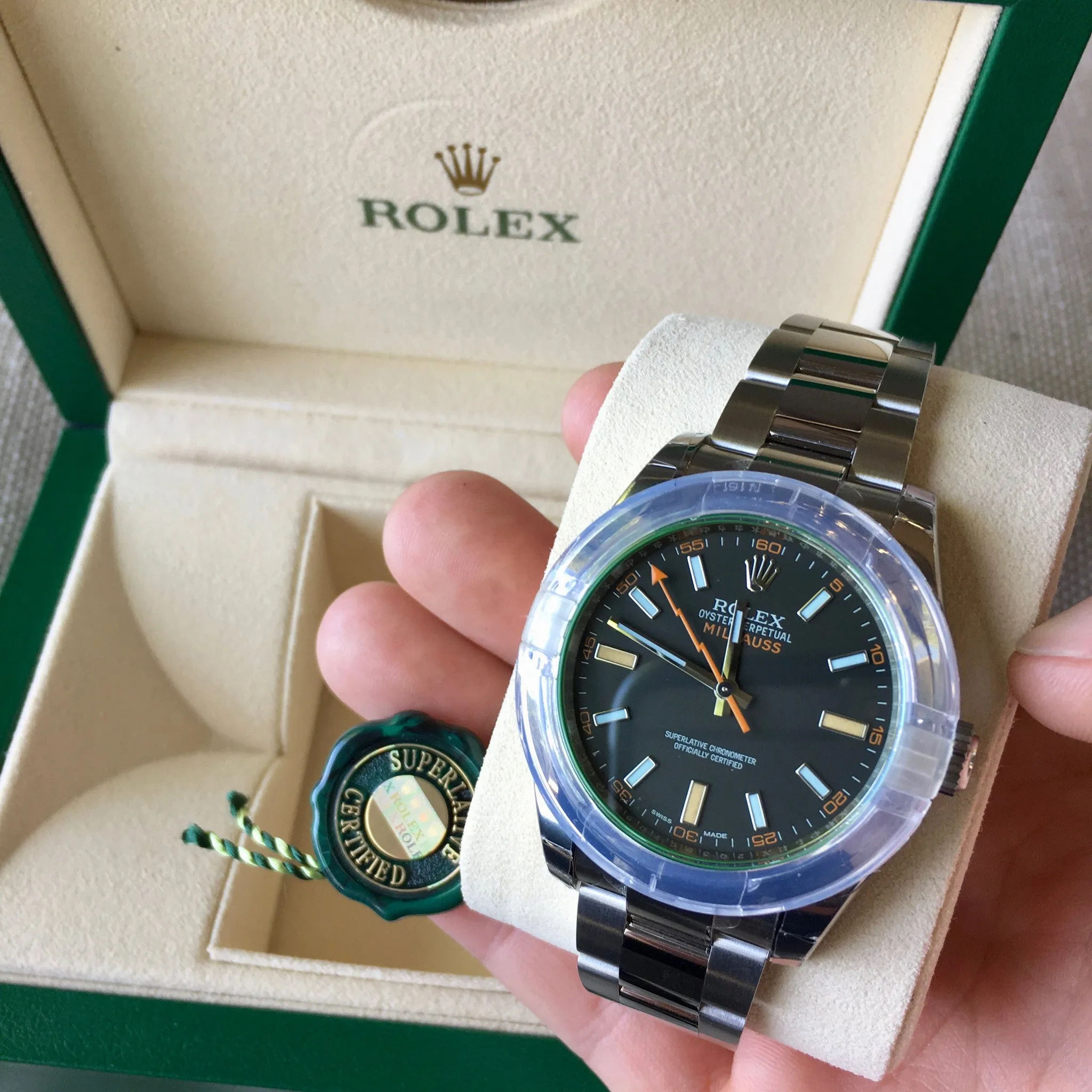 Rolex Milgauss Green 116400GV Stainless Steel Wristwatch Box Papers Circa 2017