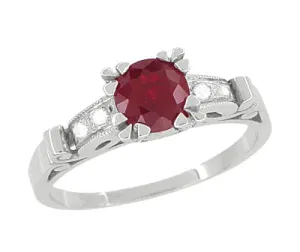 Ruby and Diamonds Art Deco Engagement Ring in 18 Karat White Gold