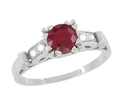 Ruby and Diamonds Art Deco Engagement Ring in 18 Karat White Gold