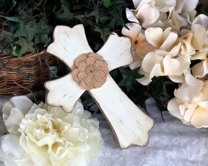 Rustic antique white & brown burlap distressed cross