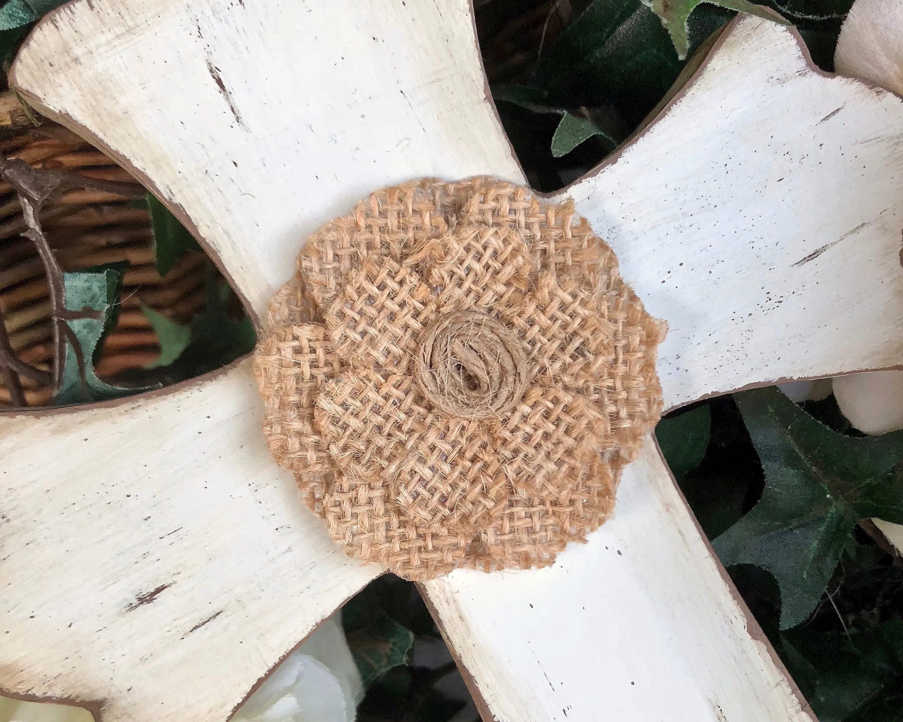 Rustic antique white & brown burlap distressed cross