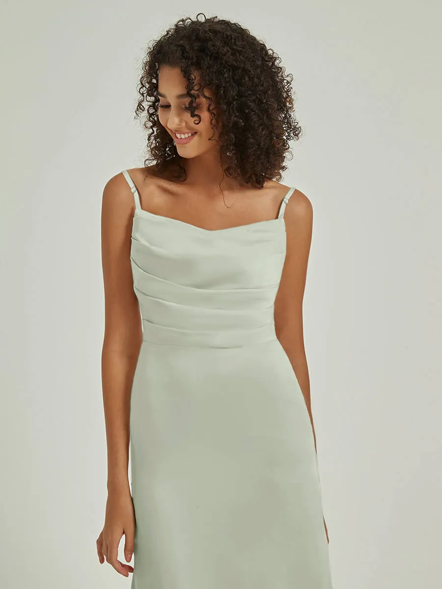 Sage Green Cowl Neckline Straps Side Slit Silk Satin Convertible Bridesmaid Dress