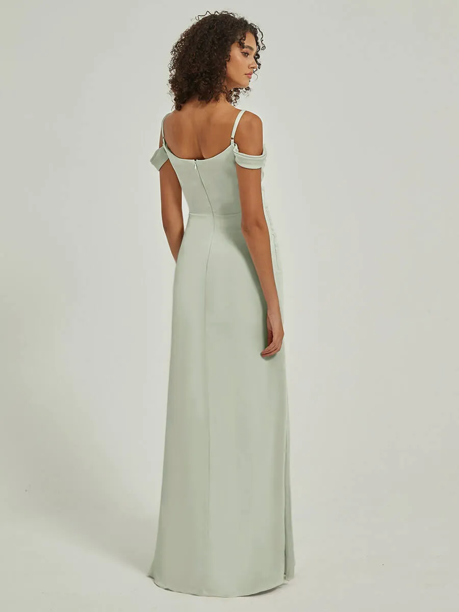 Sage Green Cowl Neckline Straps Side Slit Silk Satin Convertible Bridesmaid Dress