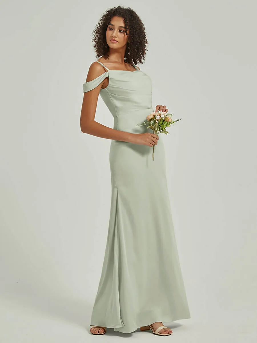 Sage Green Cowl Neckline Straps Side Slit Silk Satin Convertible Bridesmaid Dress