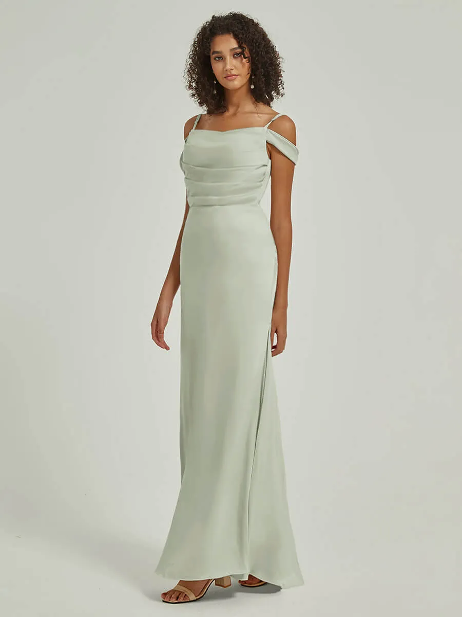 Sage Green Cowl Neckline Straps Side Slit Silk Satin Convertible Bridesmaid Dress