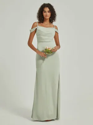 Sage Green Cowl Neckline Straps Side Slit Silk Satin Convertible Bridesmaid Dress