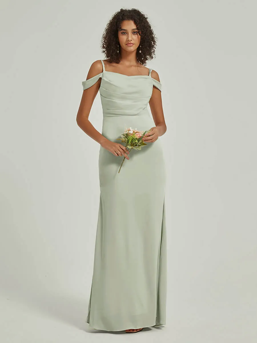 Sage Green Cowl Neckline Straps Side Slit Silk Satin Convertible Bridesmaid Dress