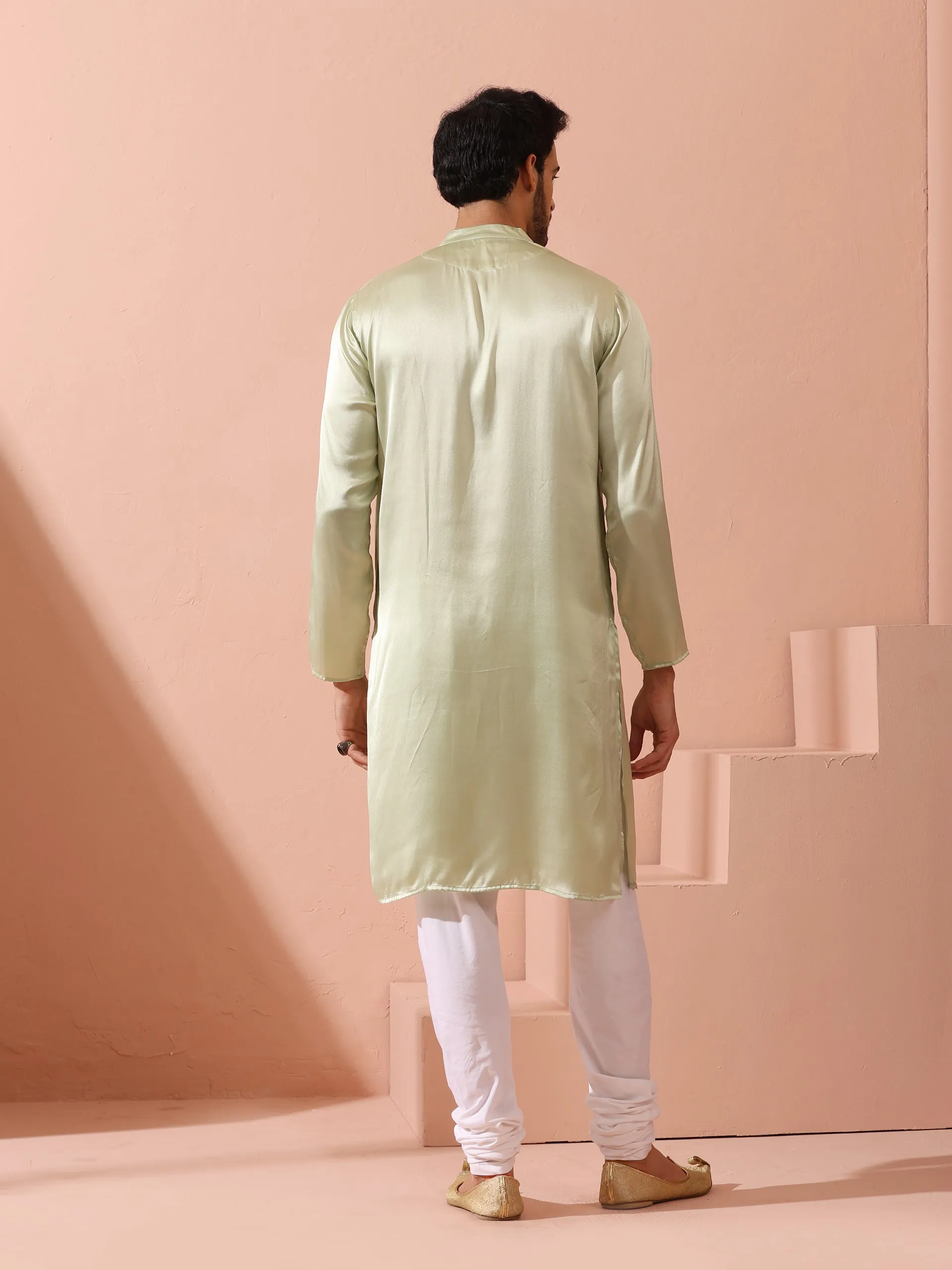 Sage Satin Kurta with Hidden Placket