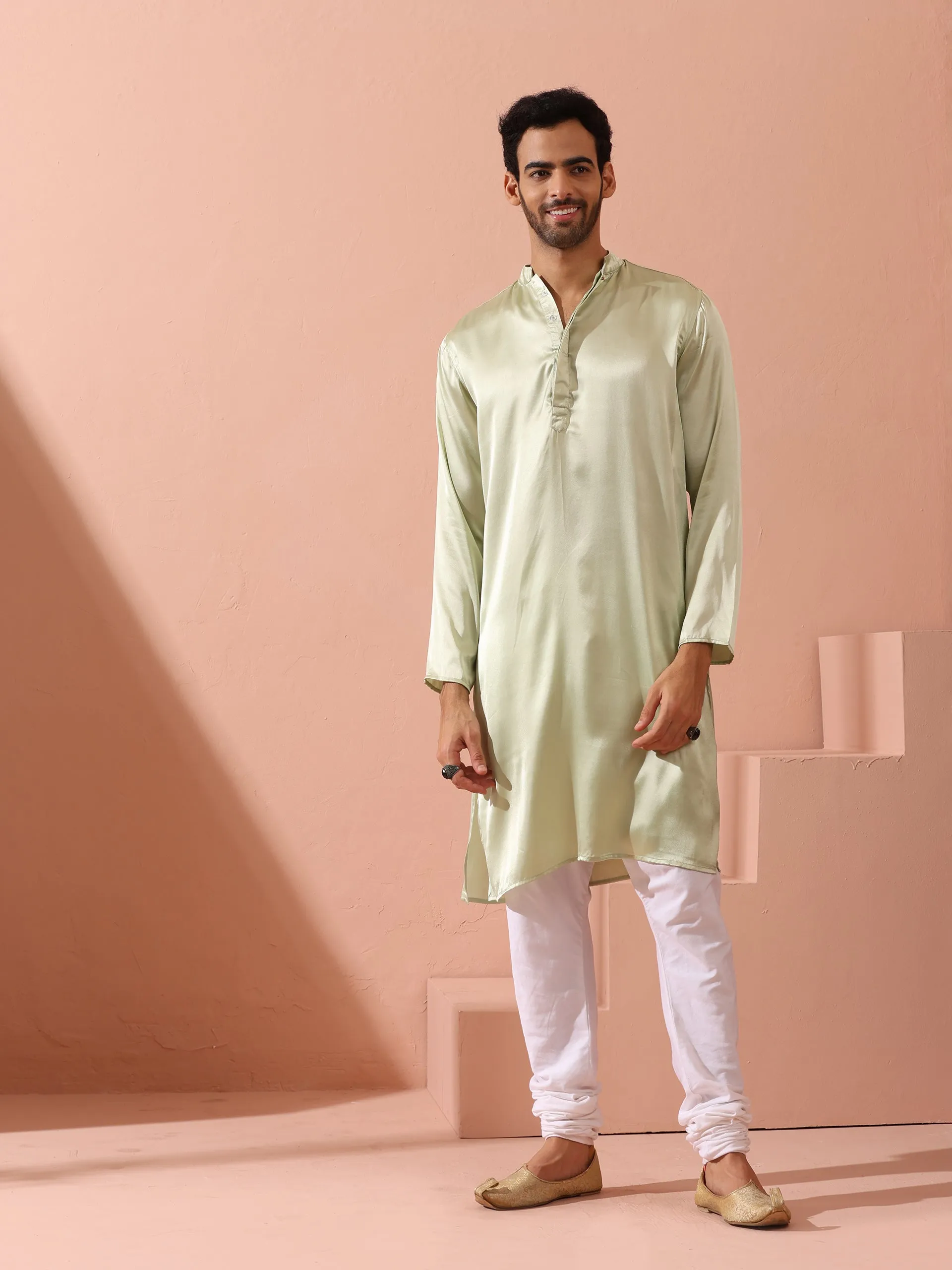 Sage Satin Kurta with Hidden Placket