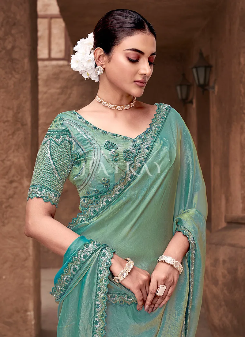 Sea Green Handwork Embroidery Satin Silk Saree