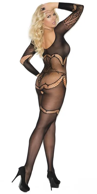 Sexy Plus Size Blast Long Sleeve Floral Crochet Bodystocking