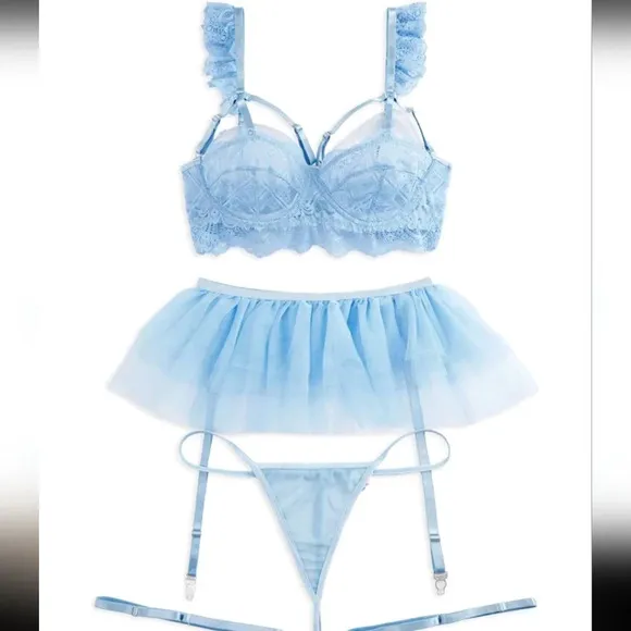 Sexy Strappy Blue Triangle Lingerie Garter Set