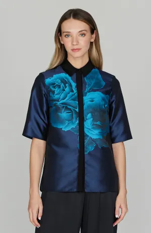 Shadow Rose Jacquard Collared Blouse w/ Short Sleeve