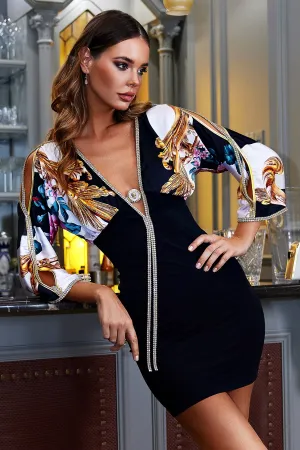 Sheer gold white flowers printed silk bandage - Short Cocktail Dress