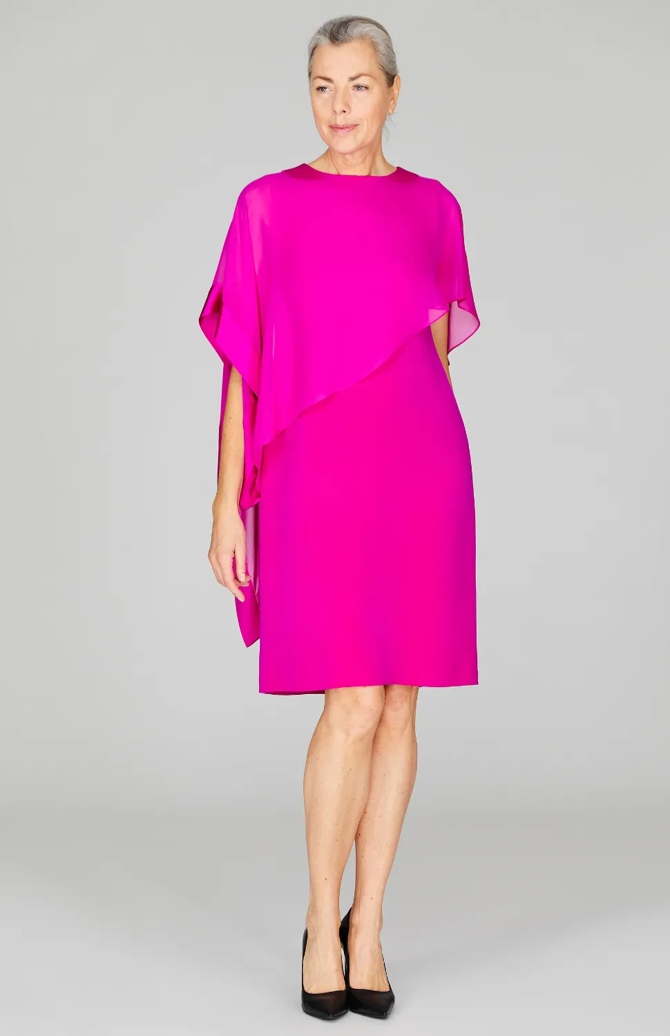 Silk Dress w/Chiffon Side Drape & Satin Trim