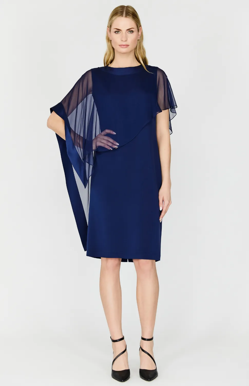 Silk Dress w/Chiffon Side Drape & Satin Trim