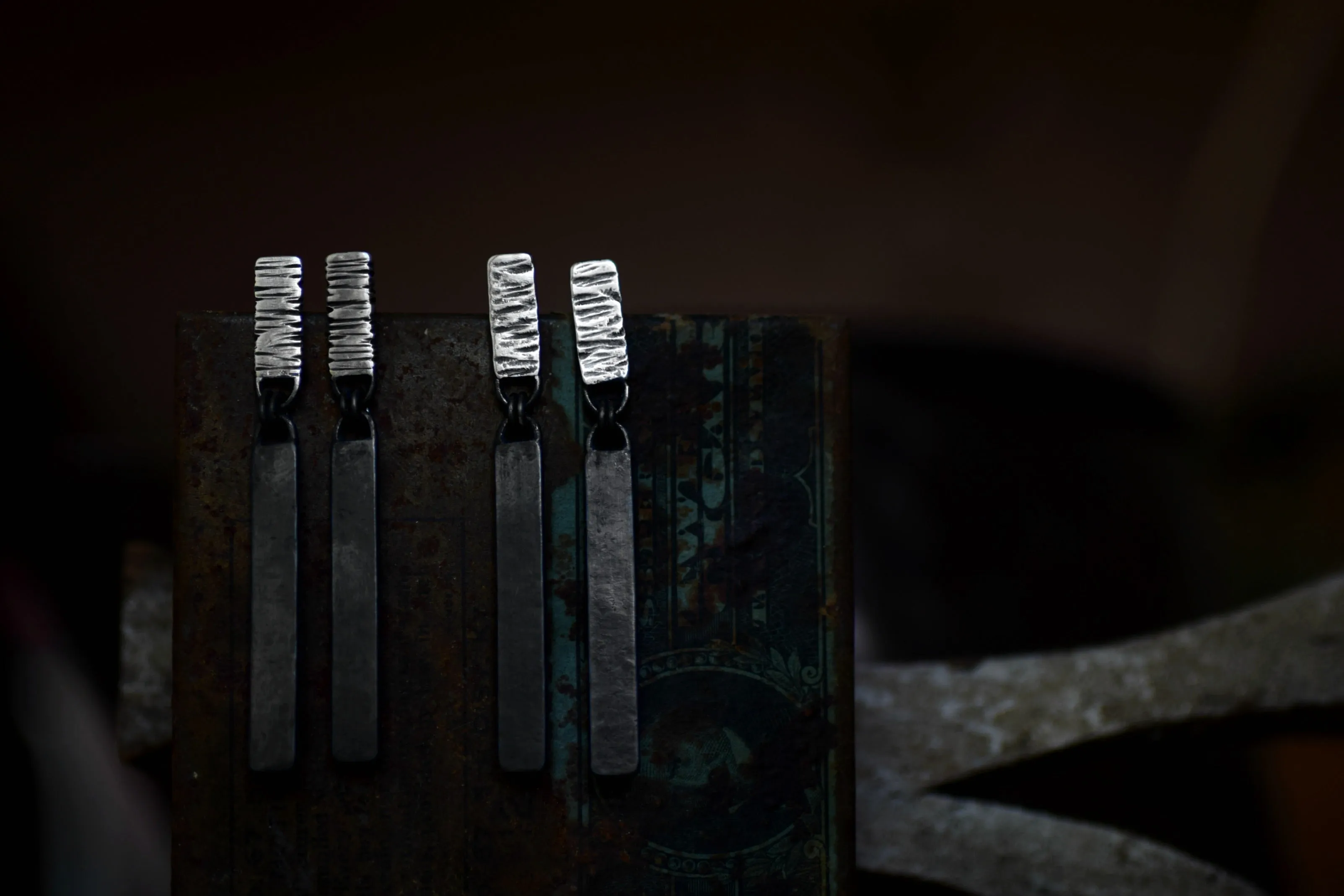 Silver Bar Dangles - Dangle Earrings - Bar Dangles - Sterling Silver - Textured Earrings -  Flat Black Silver - Black Silver - Black Dangles