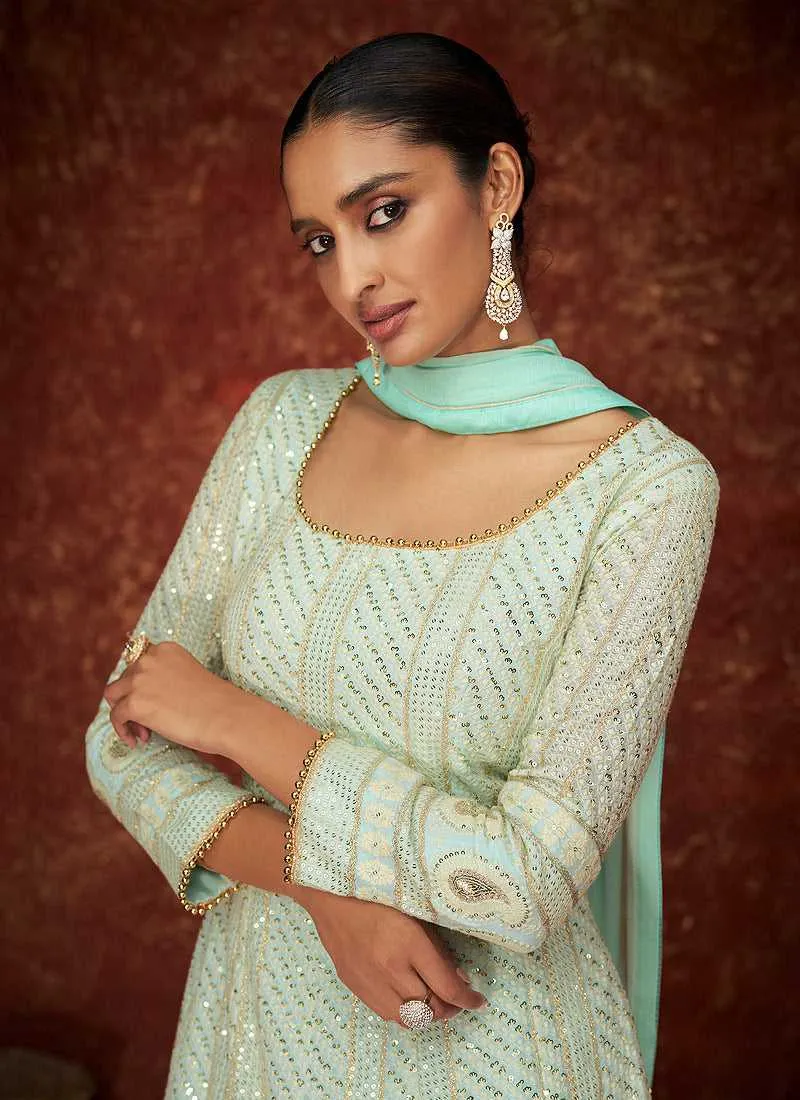 Sky Blue and Gold Gown Style Embroidered Anarkali Suit