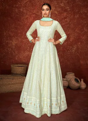 Sky Blue and Gold Gown Style Embroidered Anarkali Suit