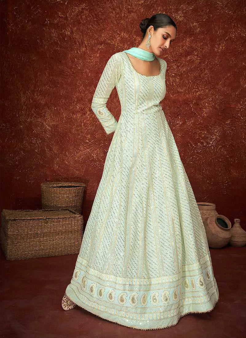 Sky Blue and Gold Gown Style Embroidered Anarkali Suit