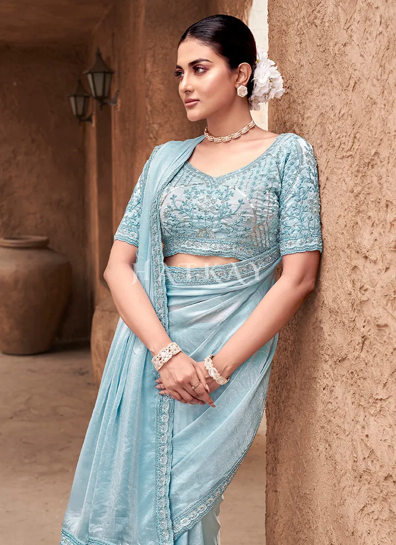 Sky Blue Handwork Embroidery Satin Silk Saree