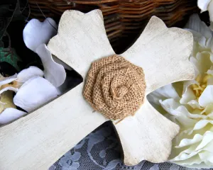 Small hand-painted antique white & burlap wall cross